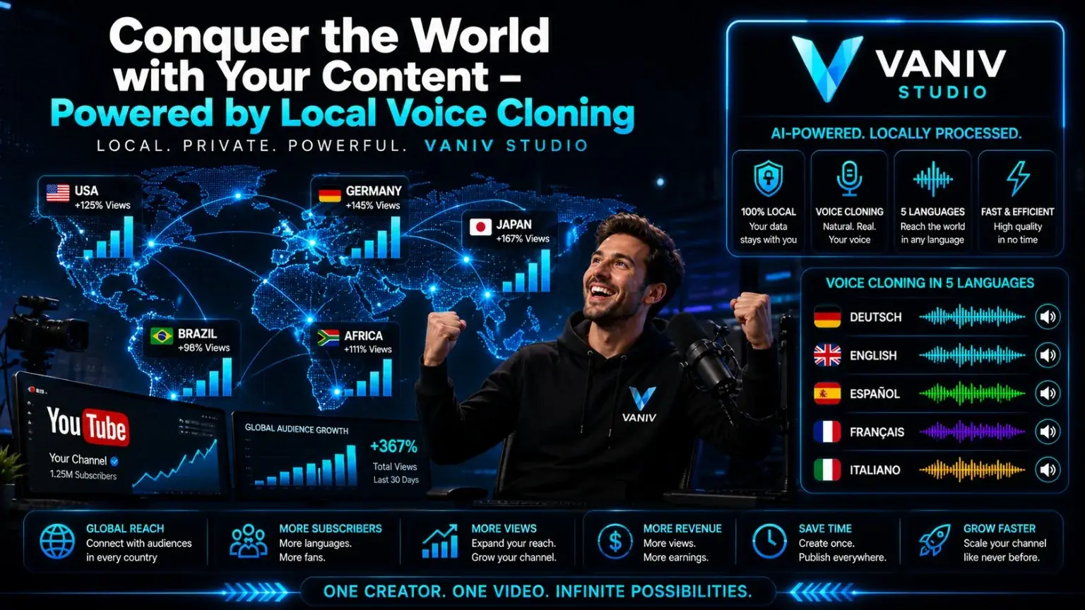 Crecimiento internacional de YouTube con versiones multilingües, Voice Cloning local y doblaje IA