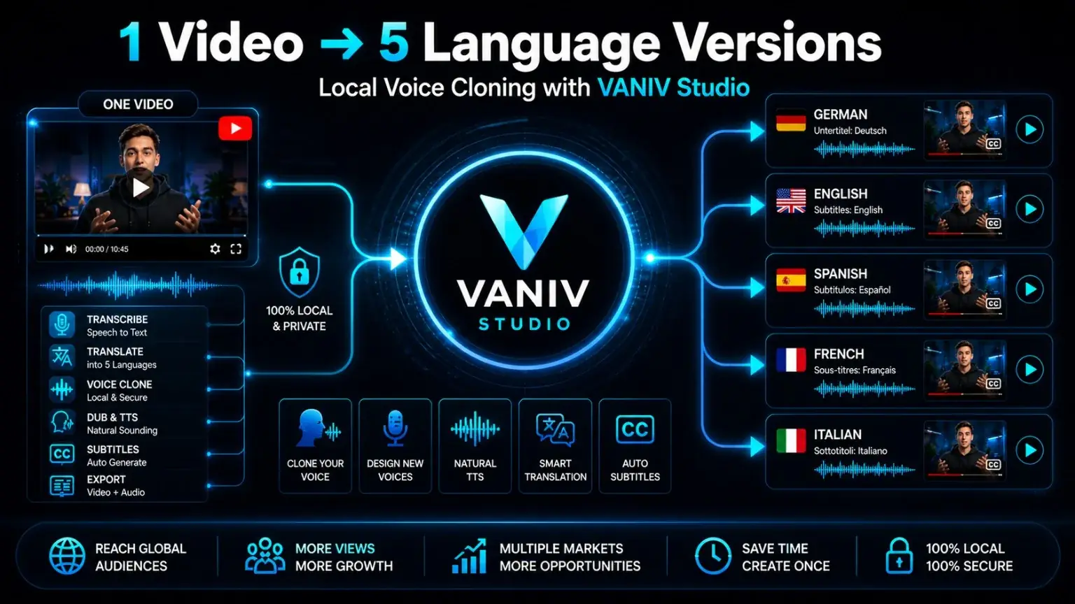 Workflow para traducir un vídeo de YouTube en cinco versiones de idioma con VANIV Studio