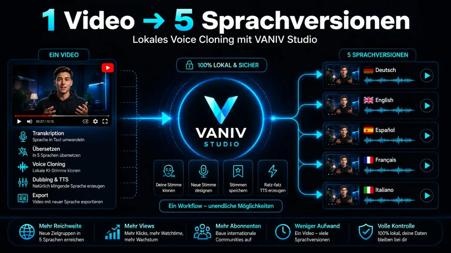 Workflow für ein YouTube Video mit fünf Sprachversionen in VANIV Studio