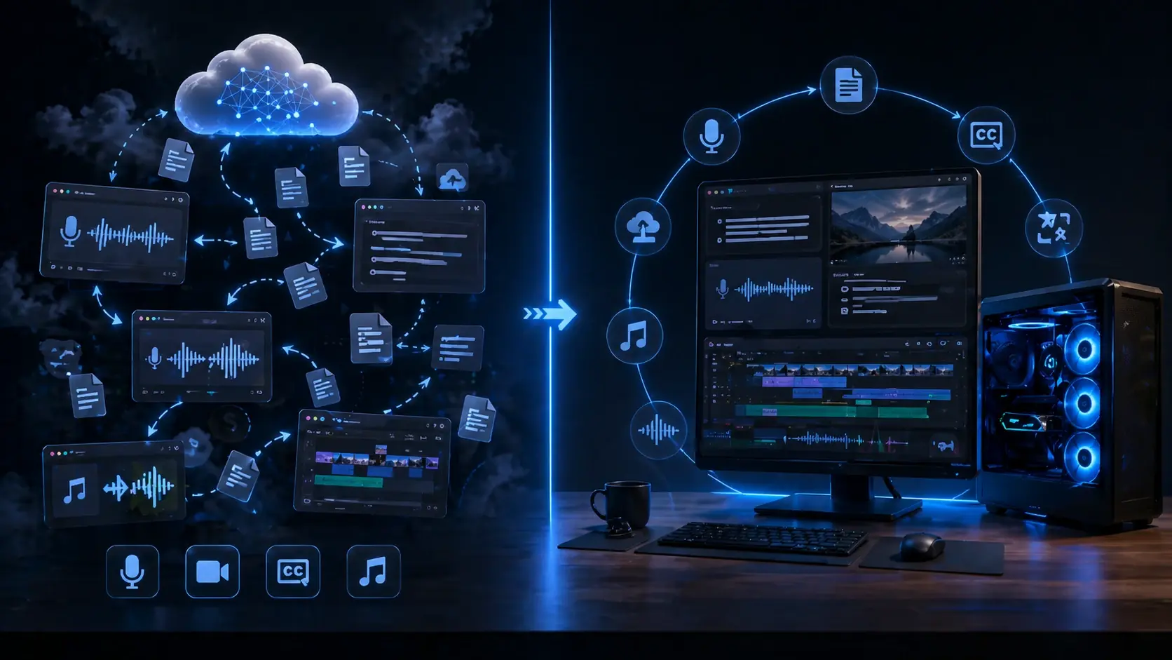 Sprachneutrale Illustration: viele Cloud-Tools im Vergleich zu einem lokalen Studio-Workflow