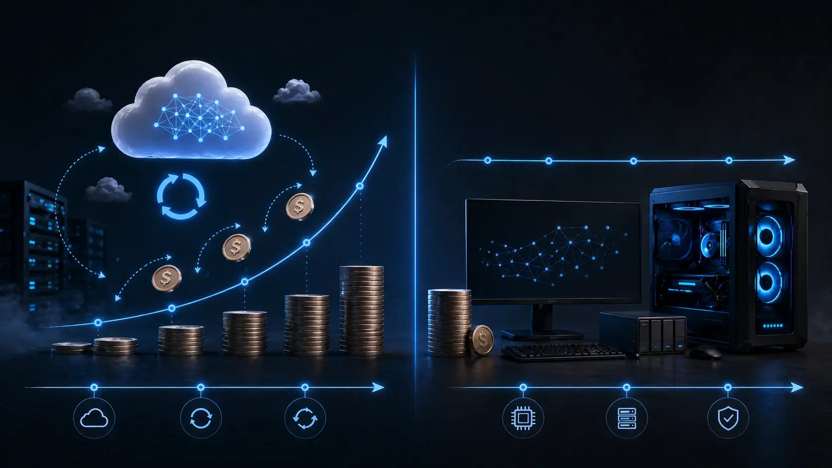 Sprachneutrale Illustration: steigende Cloud-Kosten und planbarere lokale KI-Nutzung