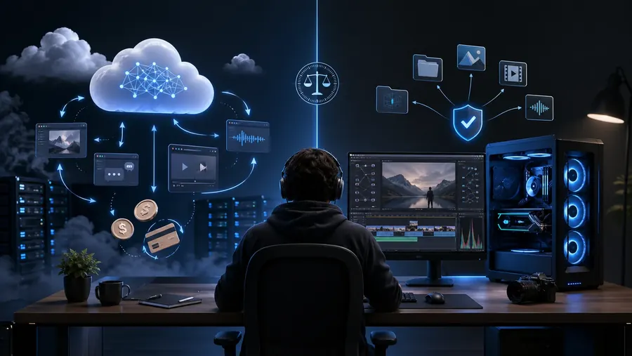 Sprachneutrale Illustration: Cloud-KI und lokale KI im Creator-Workflow