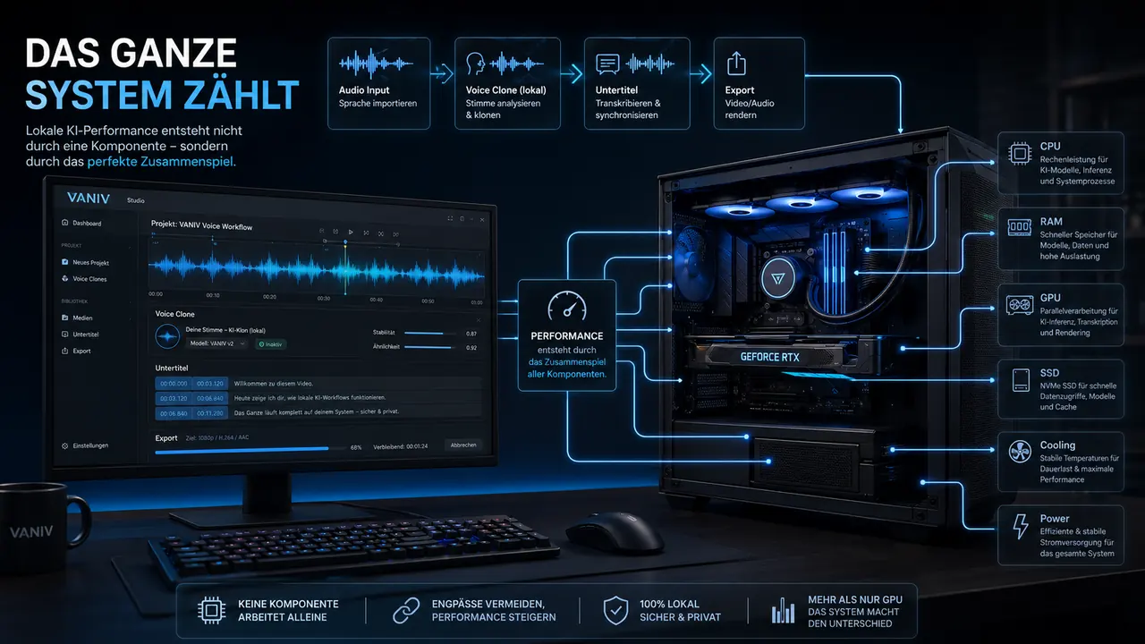 Lokale KI Workstation mit GPU CPU RAM SSD Kühlung und Netzteil als Systemfaktoren