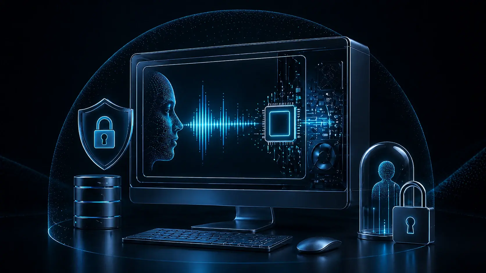 Lokale KI-Verarbeitung für Voice Cloning mit sicherem Desktop und Datenschutzsymbolen