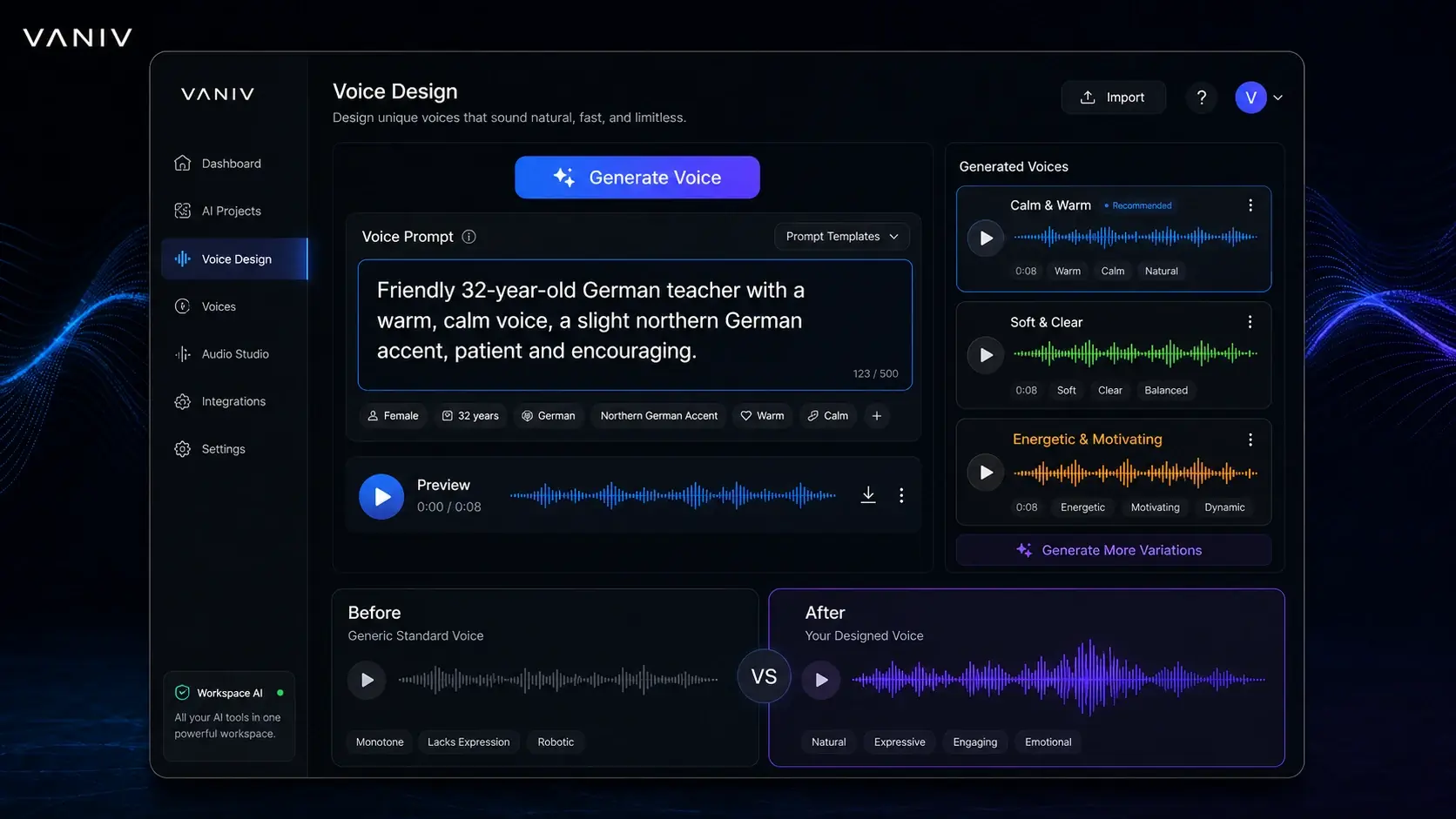 VANIV voice design interface for creating an AI voice from a text description