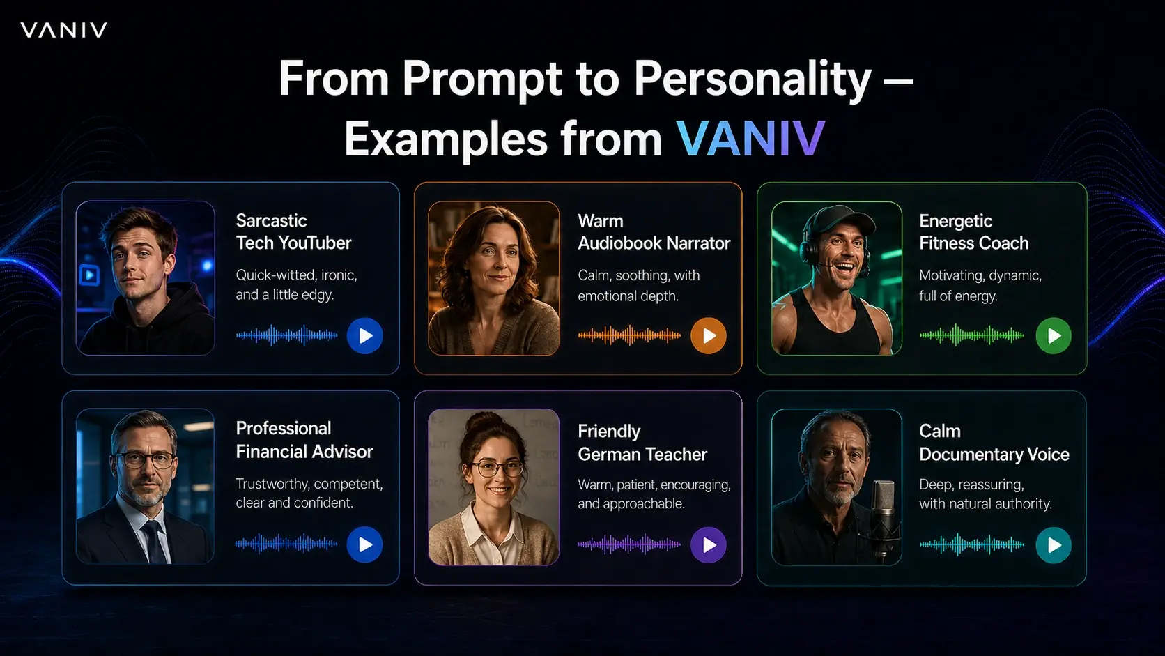 Voice design examples with AI voices like tech YouTuber, audiobook narrator, fitness coach and financial advisor