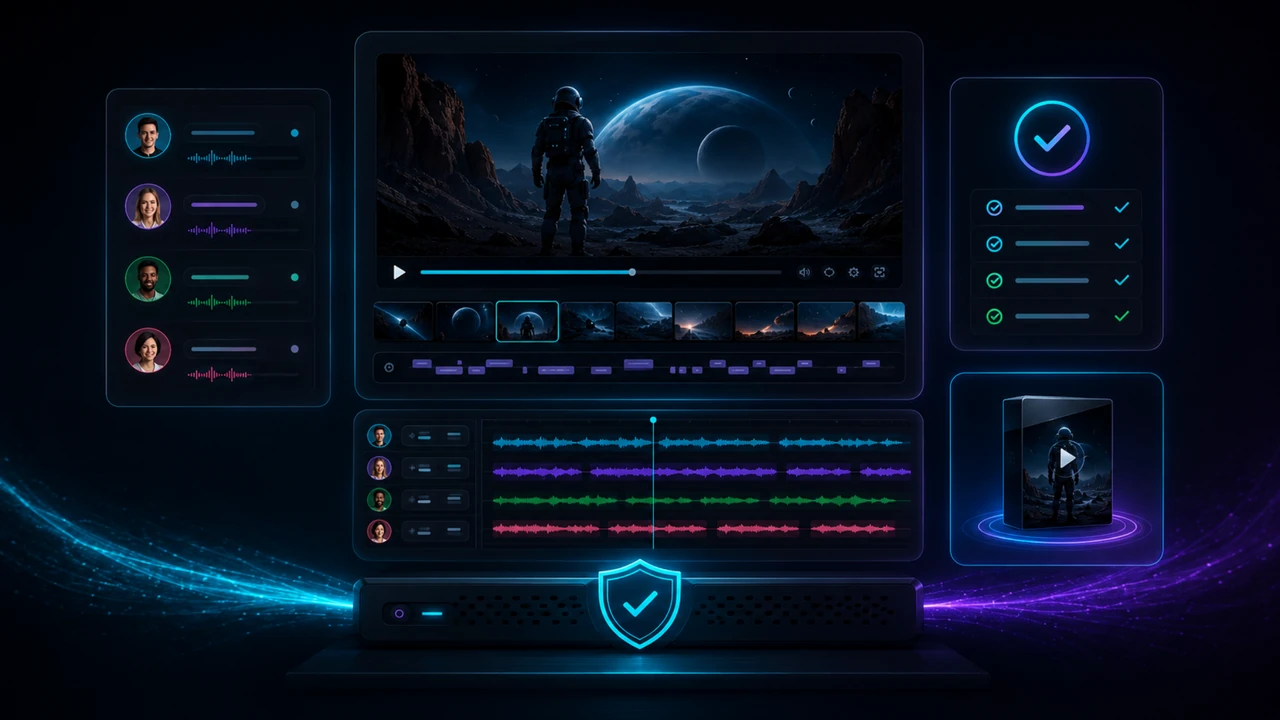Finaler lokaler Multi-Voice-Dubbing Export mit synchronisierten Stimmen Untertiteln und Audio-Mix