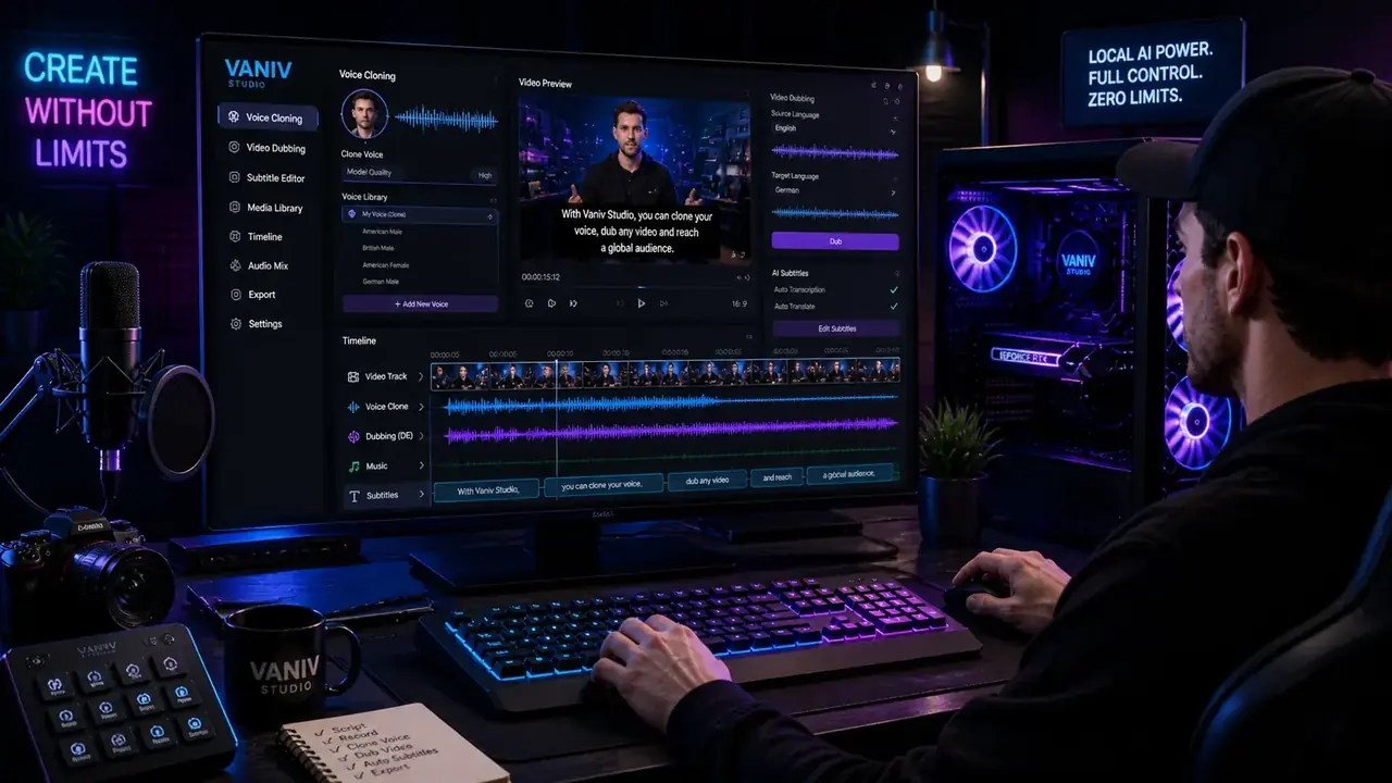 Workflow creator local con VANIV Studio para voice cloning, video dubbing, subtítulos y exportación