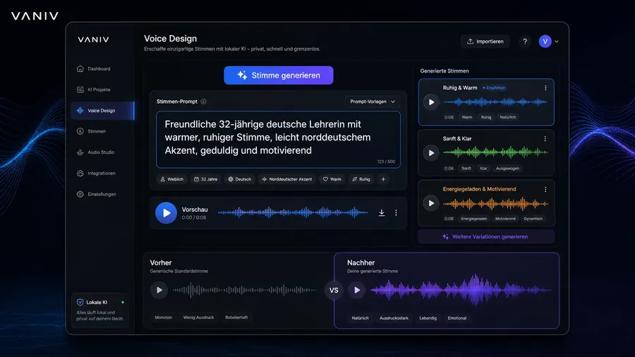 VANIV Voice Design Interface zum Erstellen einer KI-Stimme per Textbeschreibung