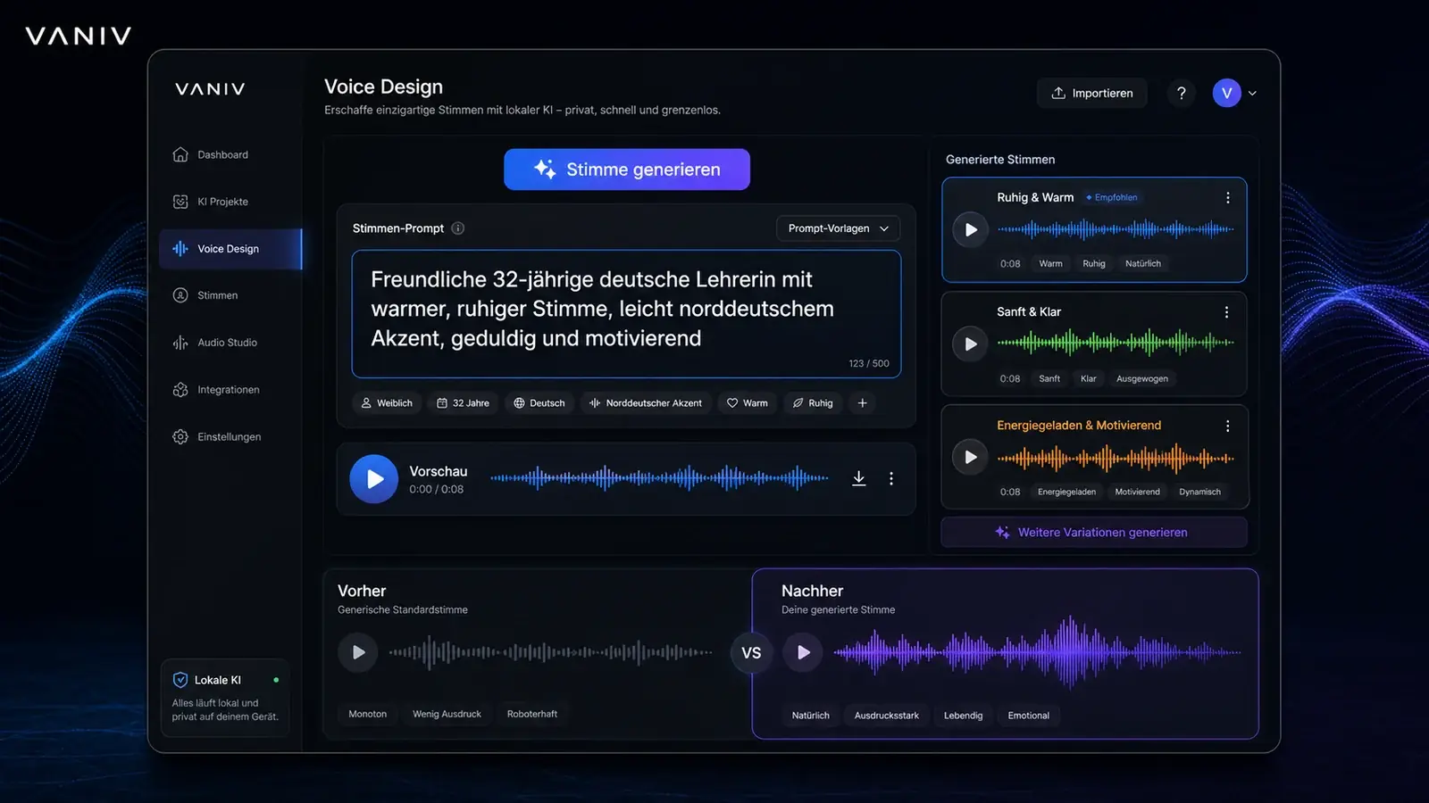 VANIV Voice Design Interface zum Erstellen einer KI-Stimme per Textbeschreibung