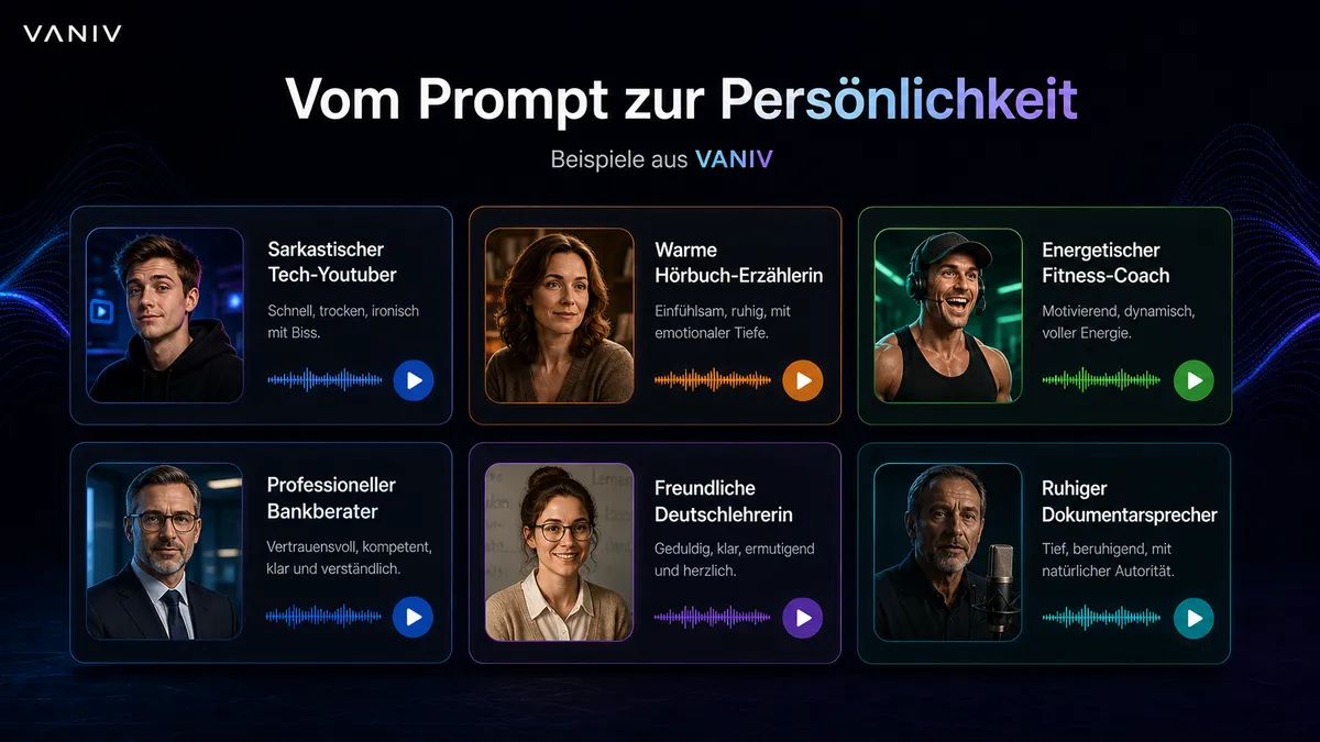 Voice Design Beispiele mit KI-Stimmen wie Tech-YouTuber, Hörbuch-Erzählerin, Fitness-Coach und Bankberater