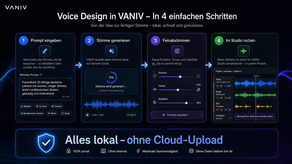 VANIV lokaler Voice Design Workflow vom Prompt zur fertigen Sprecherstimme