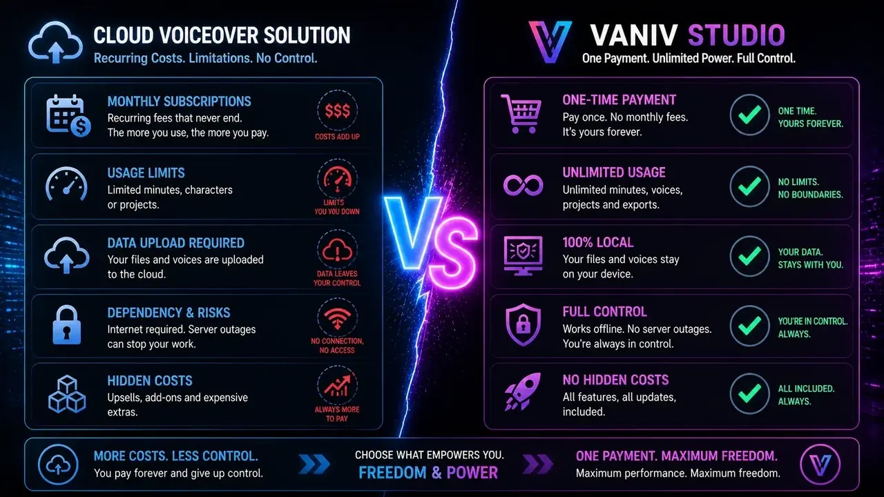 Comparación de costes y workflow entre Murf AI cloud y VANIV local-first para creadores