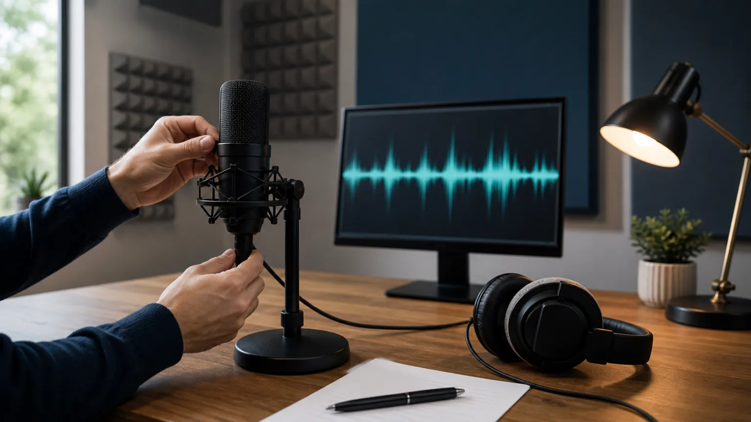 Aufnahmeplatz mit Mikrofon und abstrakter Audiowellenform