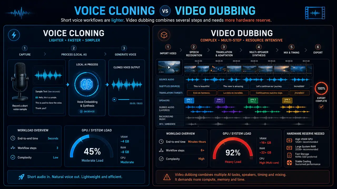 Vergleich zwischen leichterem Voice Cloning und anspruchsvollerem Video Dubbing GPU Workload