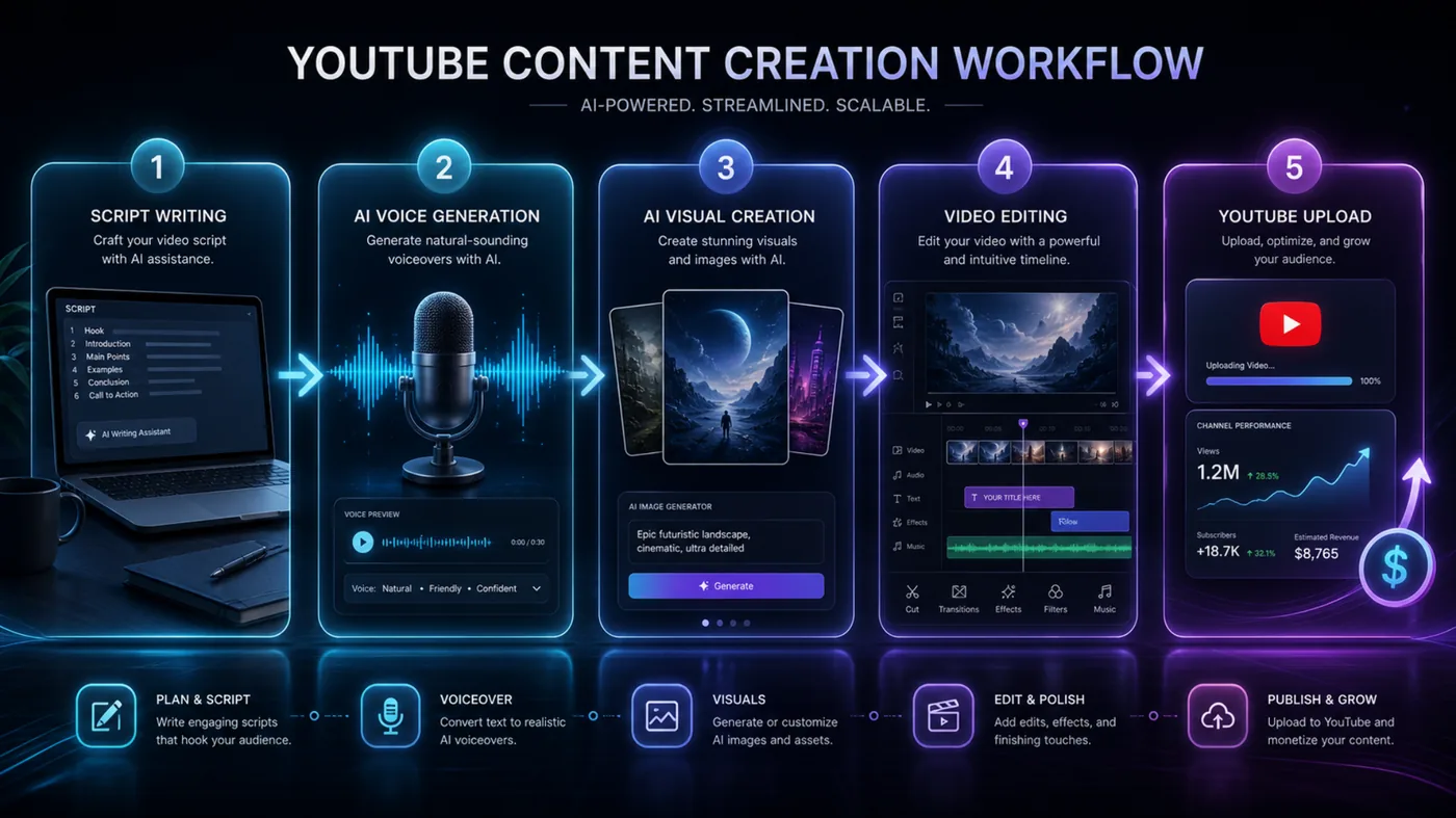 Workflow de creación de contenido para YouTube con IA desde guion hasta publicación