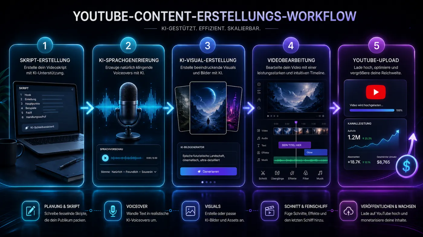 YouTube Content Erstellungs Workflow mit KI für Skript Stimme Visuals Schnitt und Upload
