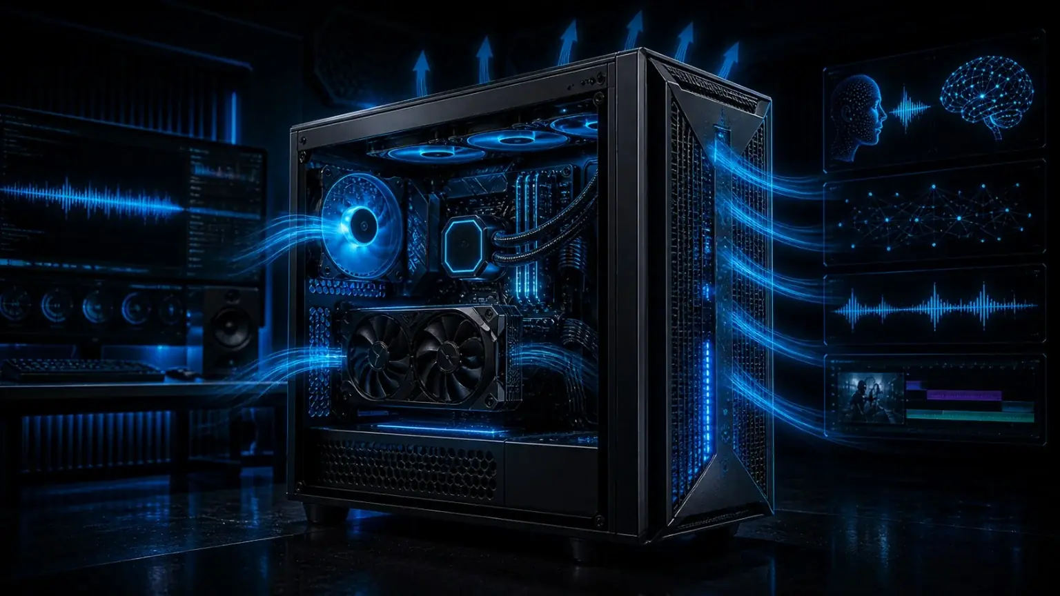 Caja airflow para workstation de IA local con GPU RTX, Ryzen y flujo de voz IA