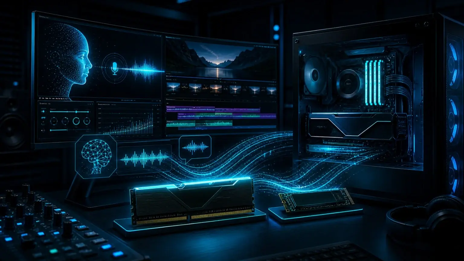RAM für lokale KI Workstation mit DDR5 Arbeitsspeicher, GPU, VRAM und SSD für Voice Cloning und Video-Dubbing