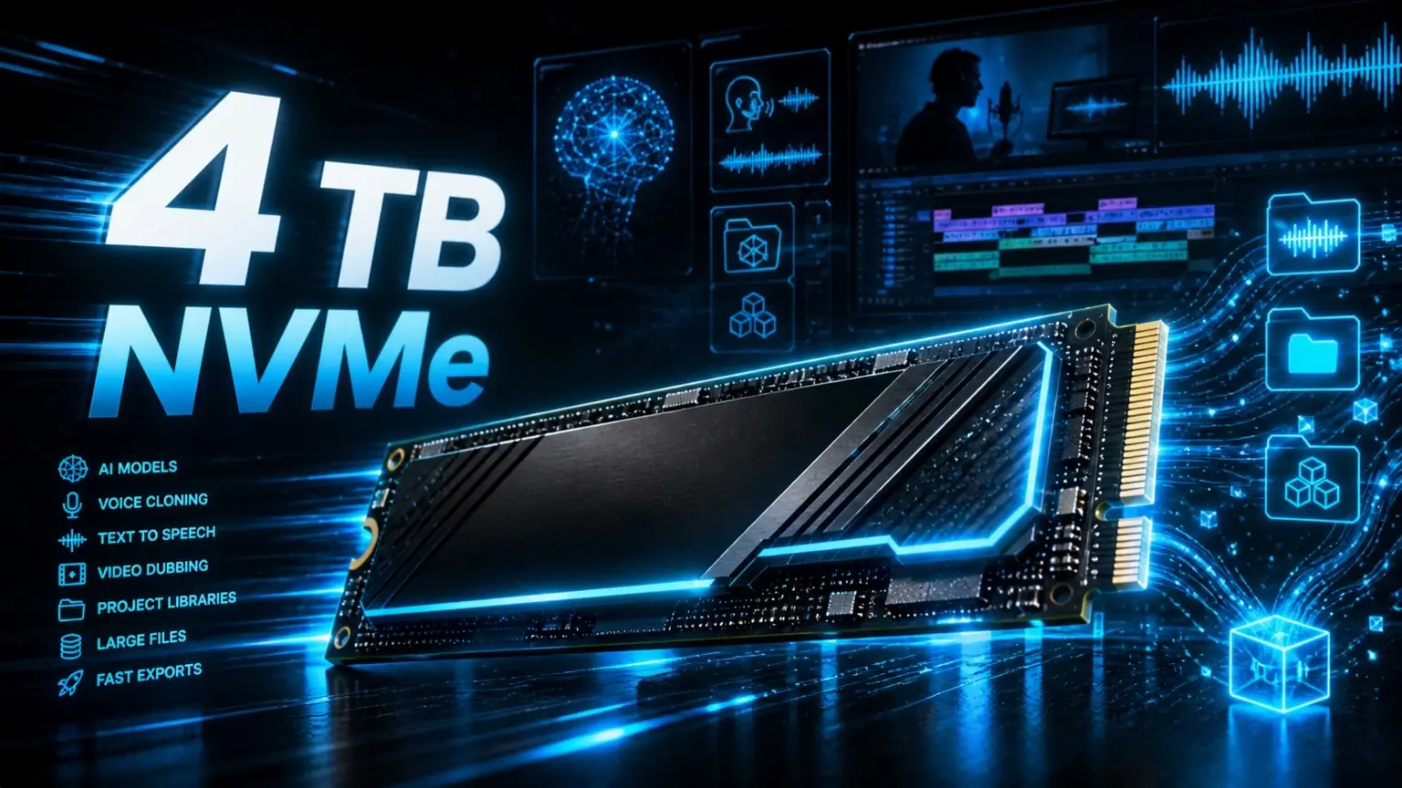 SSD NVMe de 4TB para workstations profesionales de IA local, agencias y proyectos grandes de doblaje de vídeo