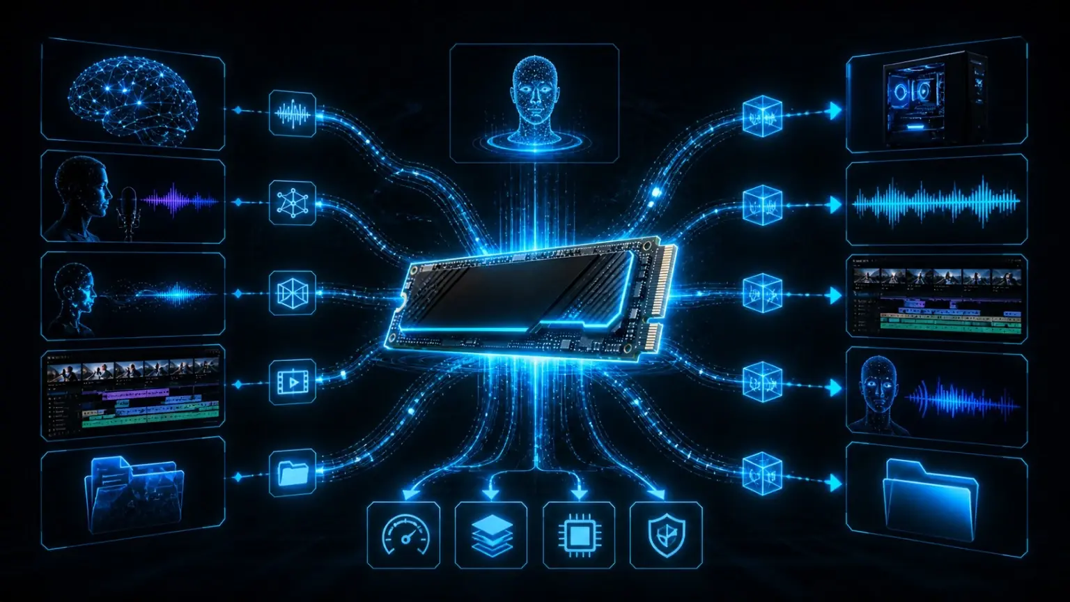 Diagrama del workflow local de IA con SSD NVMe, modelos, proyectos, exportaciones, GPU y RAM en una workstation VANIV