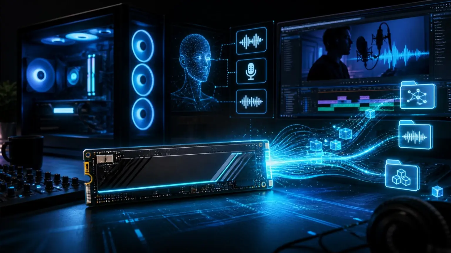 Workstation de IA local con SSD NVMe, GPU, RAM y flujo de VANIV Studio para voz IA y doblaje de vídeo