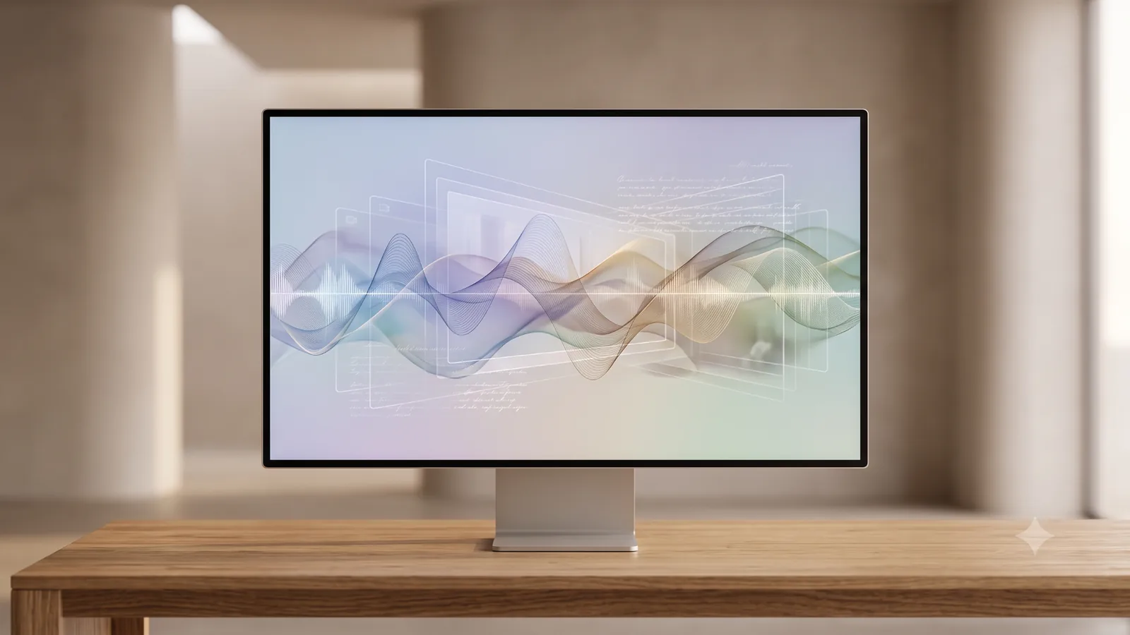 Ein Monitor bündelt abstrakte Audio-, Video- und Textebenen zu einem lokalen Creator-Workflow.
