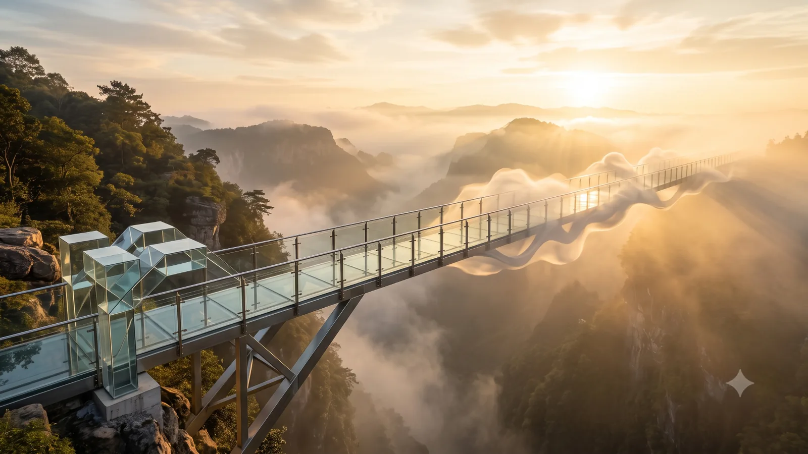 Eine Glasbrücke verbindet kristalline lokale KI mit einer weichen Cloud-Landschaft.