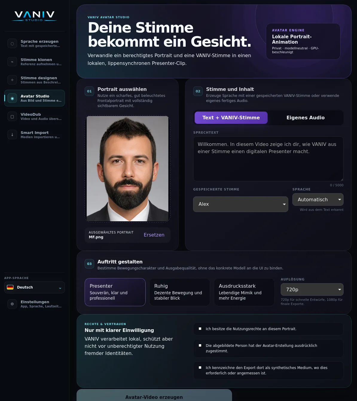 VANIV Avatar Studio mit lokalem Porträt-, Stimm- und Video-Workflow.