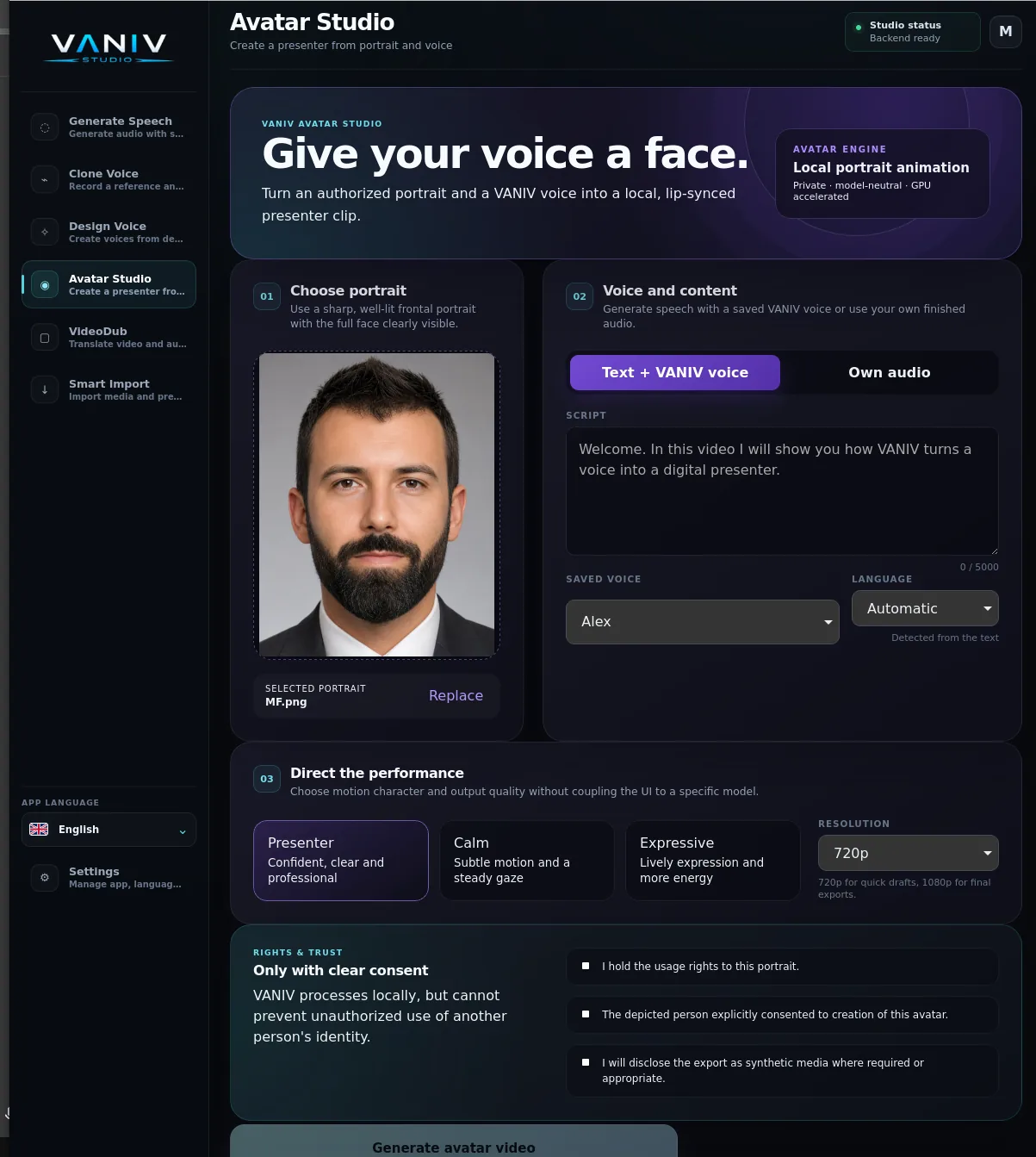 VANIV Avatar Studio with a local portrait, voice and video workflow.