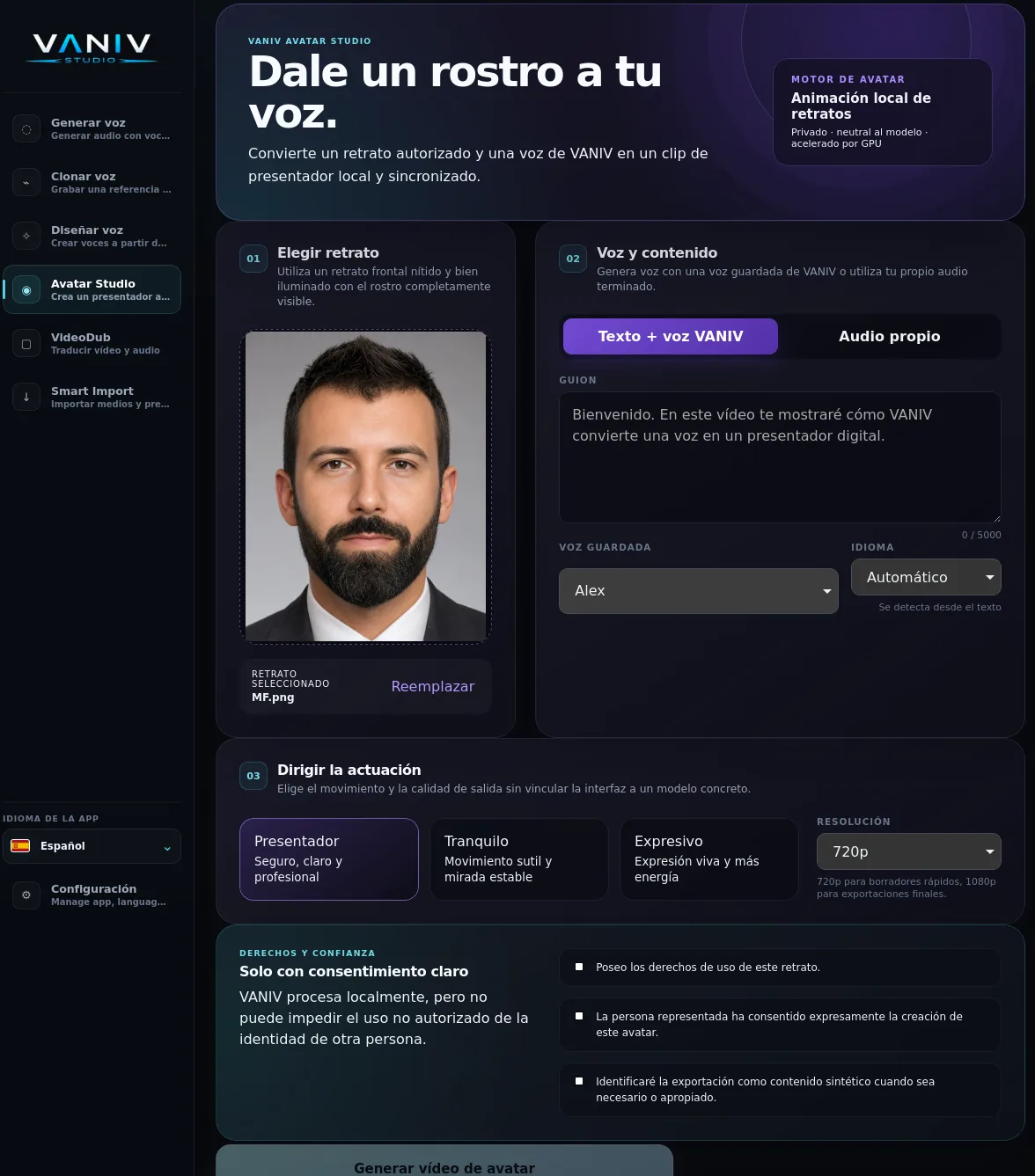 VANIV Avatar Studio con un flujo local de retrato, voz y vídeo.