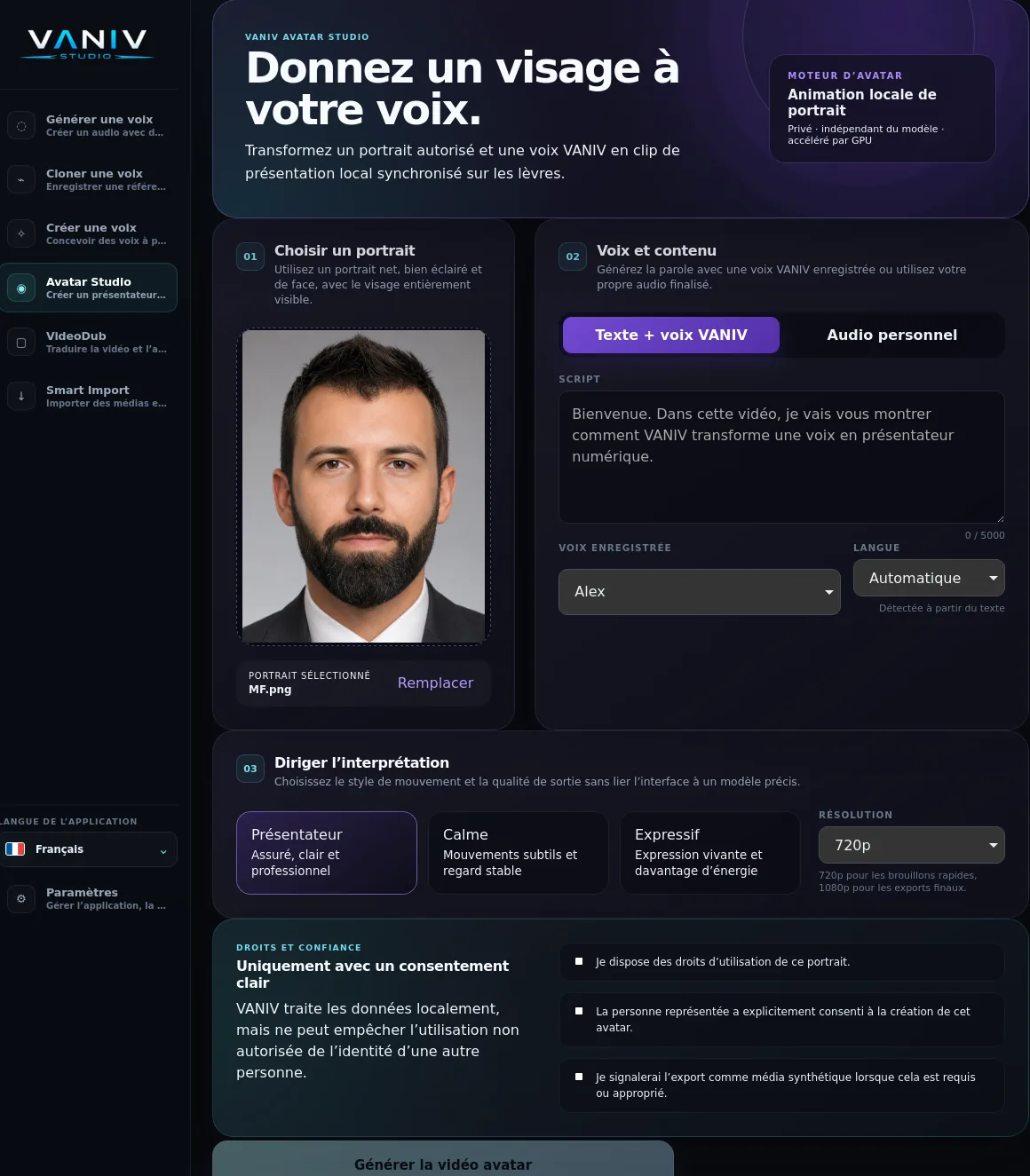 VANIV Avatar Studio avec un processus local pour le portrait, la voix et la vidéo.