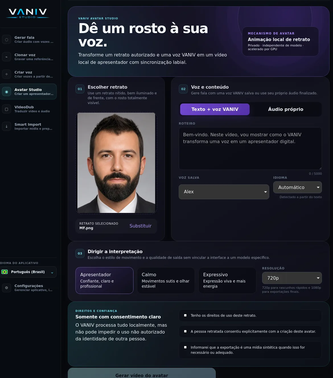 VANIV Avatar Studio com fluxo local de retrato, voz e vídeo.