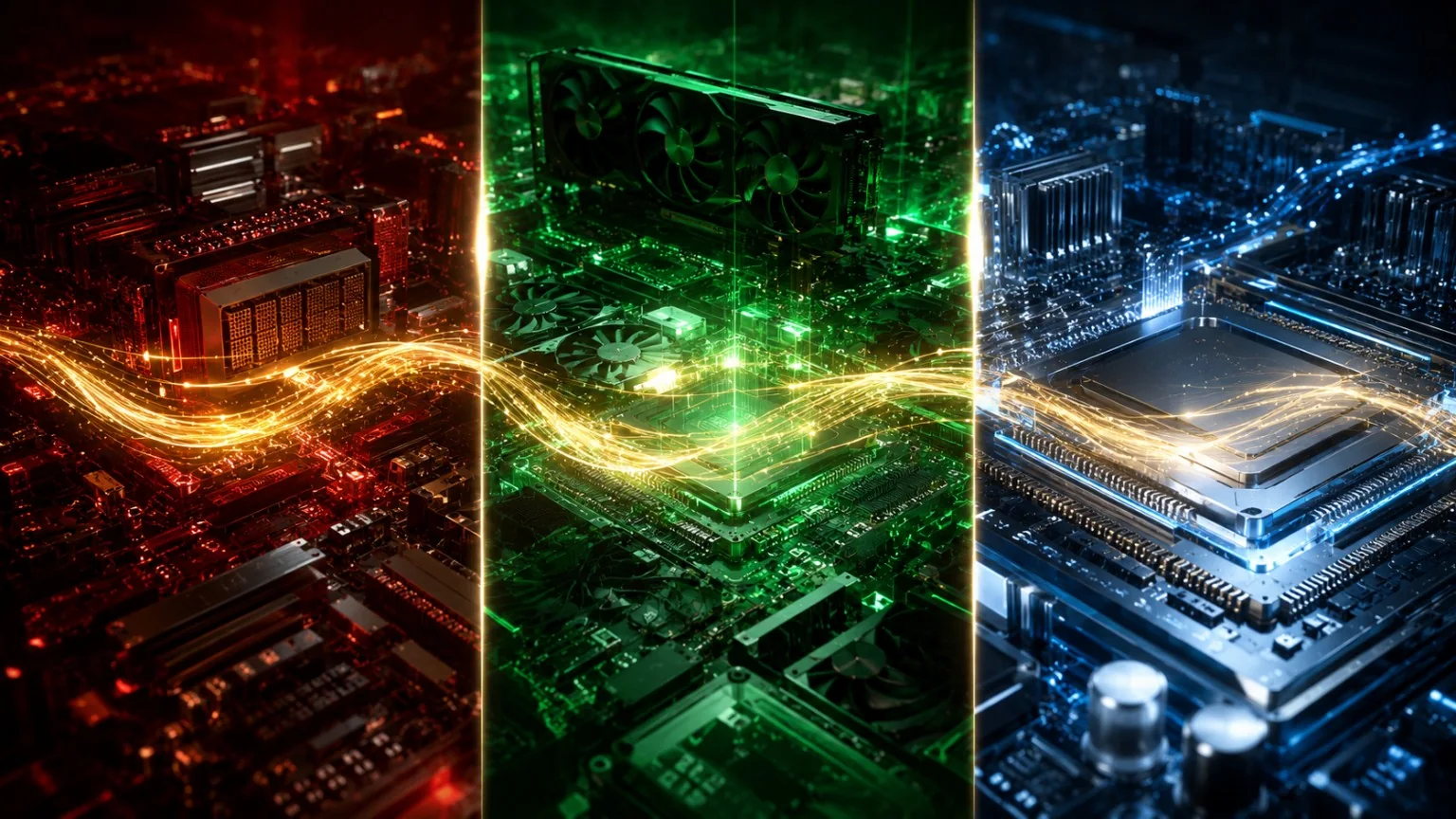 Drei unterschiedliche Hardwarearchitekturen sind über einen gemeinsamen lokalen KI-Datenstrom verbunden.