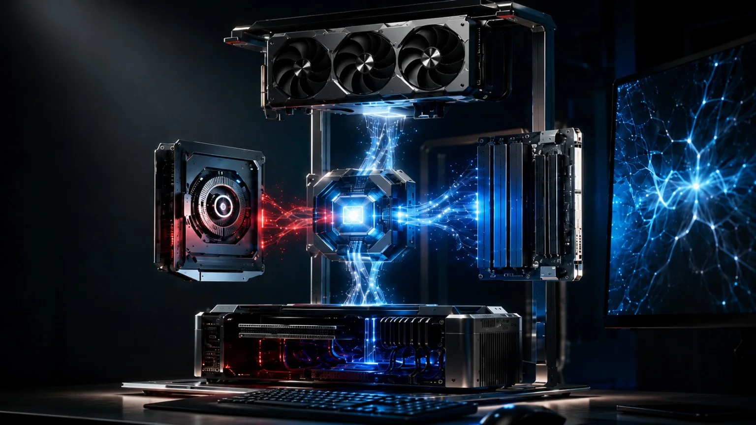 Modulare Computerhardware verarbeitet lokale KI rund um einen zentralen Rechenkern.
