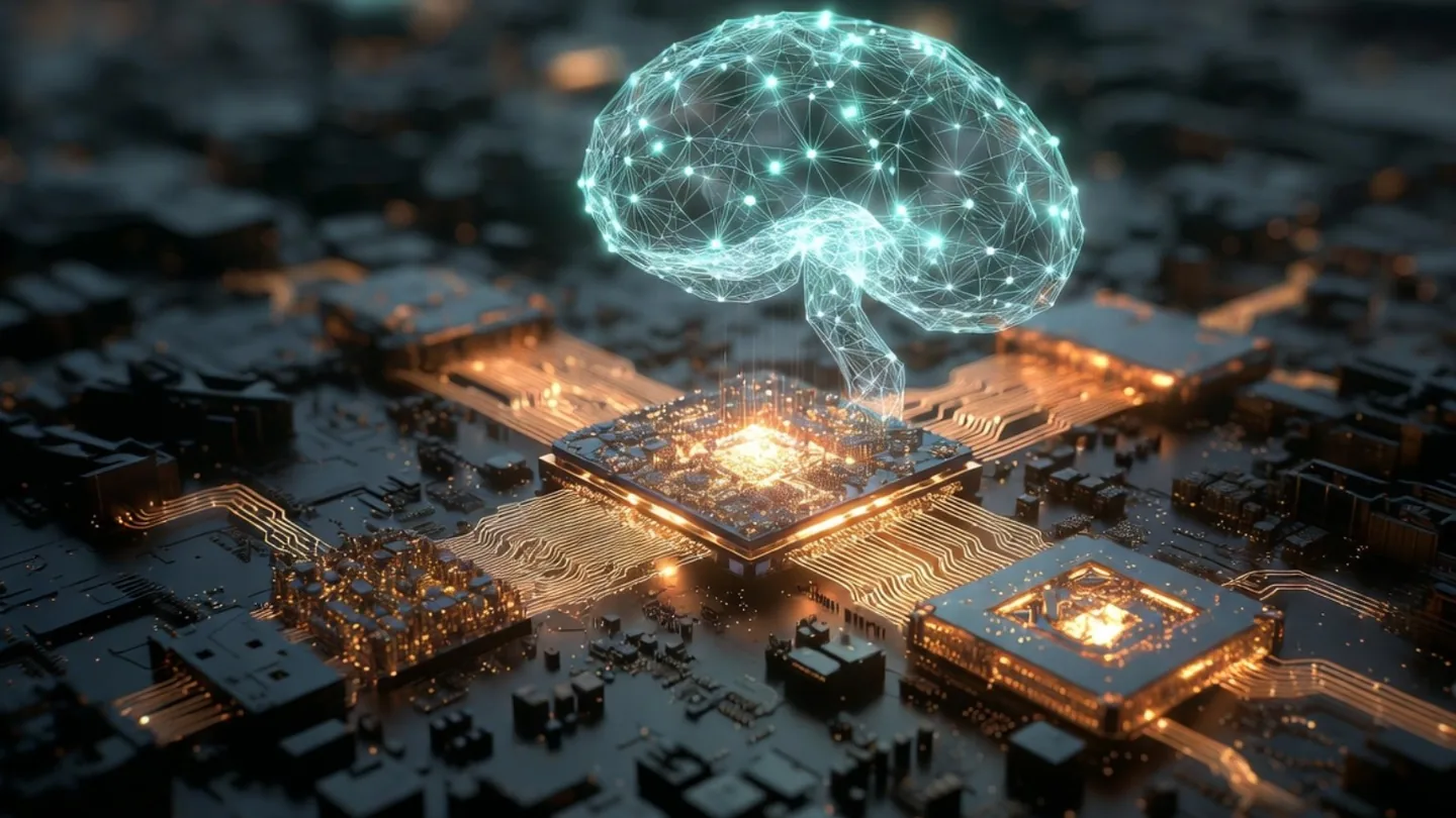 Digitale Gehirnstruktur über einem NPU-Chip für lokale KI