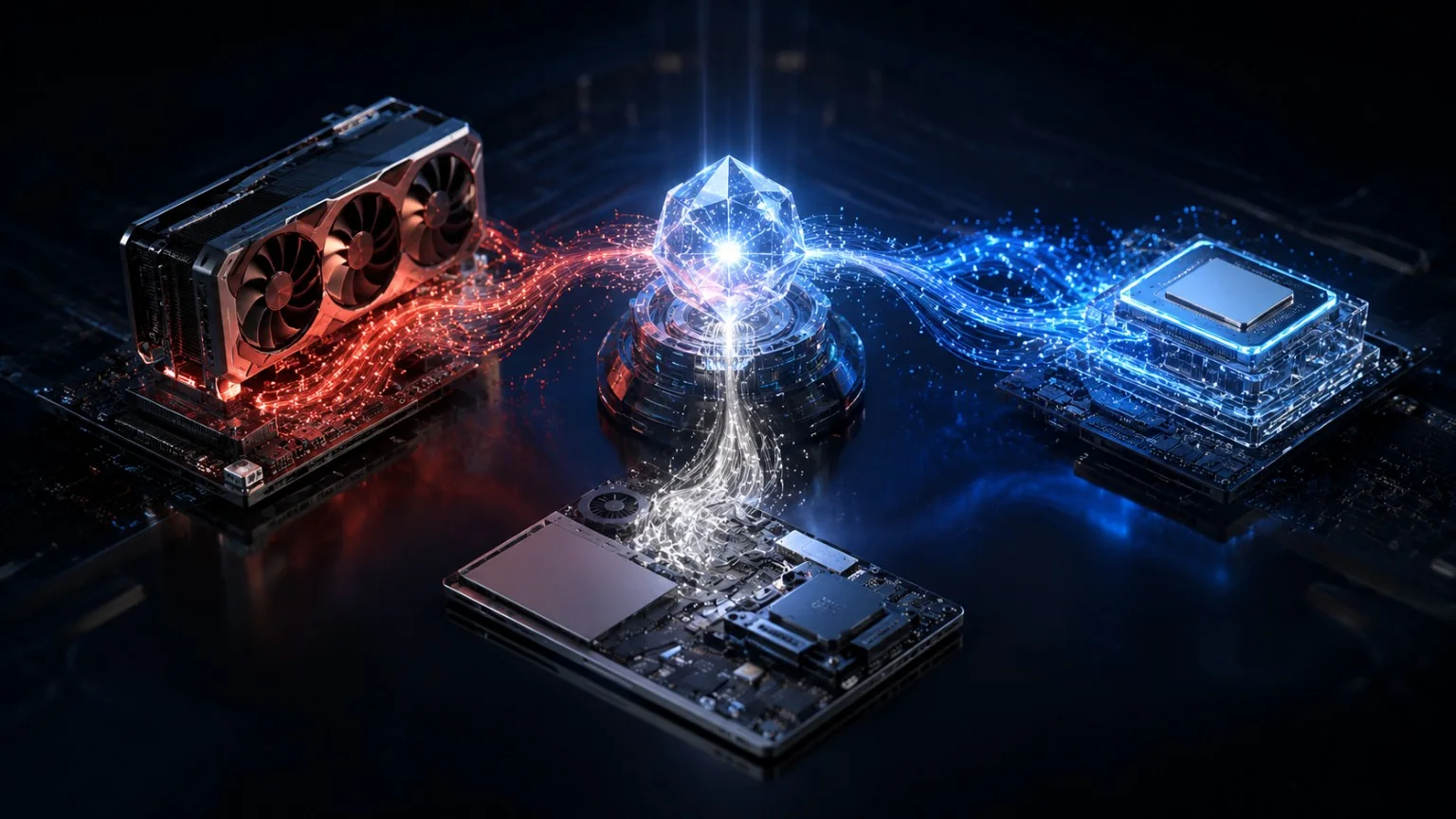 Ein ONNX-Modell wird über mehrere Ausführungspfade mit CPU, GPU und NPU verbunden.