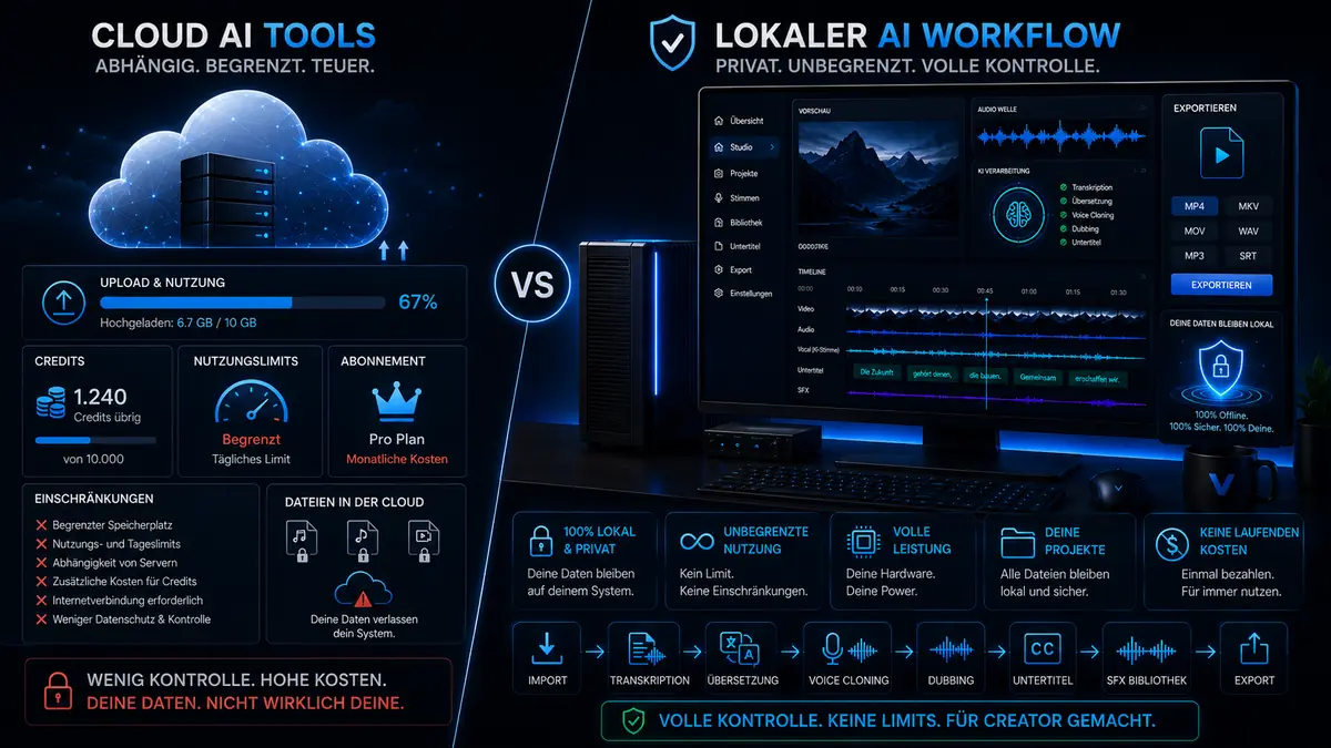 Comparison of cloud AI tools and a local AI workflow with VANIV Studio, local processing, project control and export options.