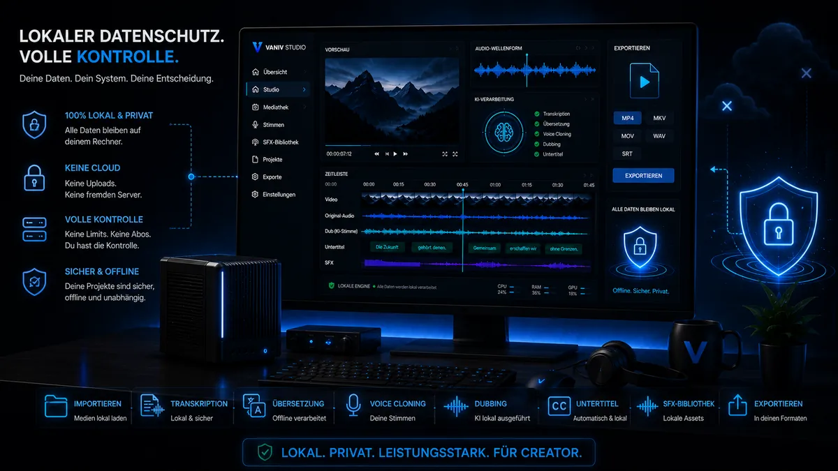 Lokaler VANIV KI-Workflow mit Datenschutz, voller Kontrolle, Voice Cloning, Dubbing, Untertiteln, SFX und Export direkt am eigenen Rechner.