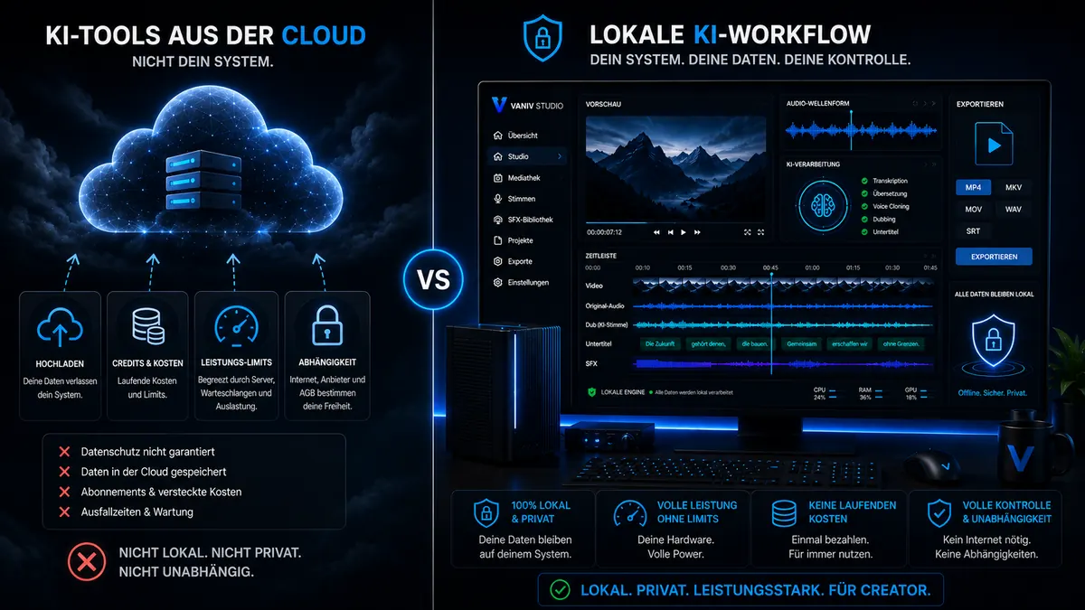 Vergleich zwischen KI-Tools aus der Cloud und lokalem VANIV KI-Workflow mit lokaler Verarbeitung, Voice Cloning, Dubbing, Untertiteln und Export.