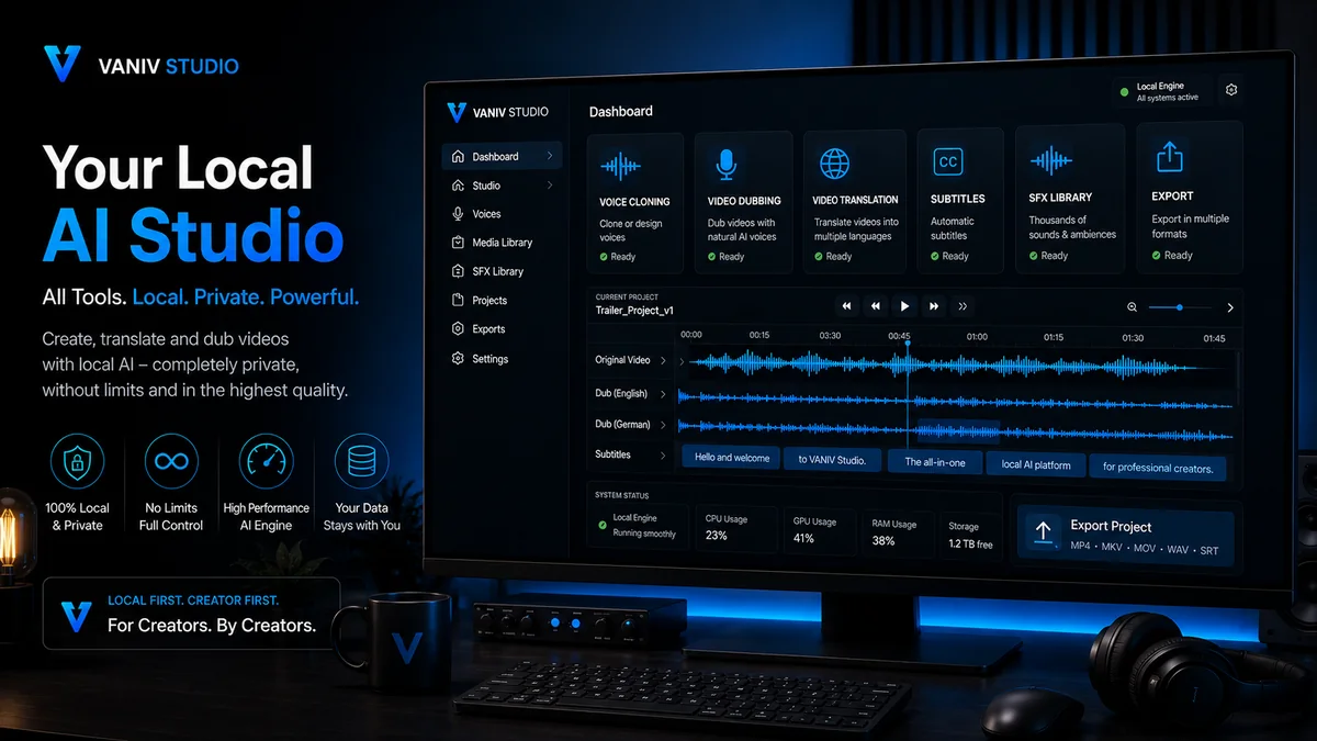Panel de VANIV Studio como estudio local de IA para voz, vídeo, subtítulos y exportación
