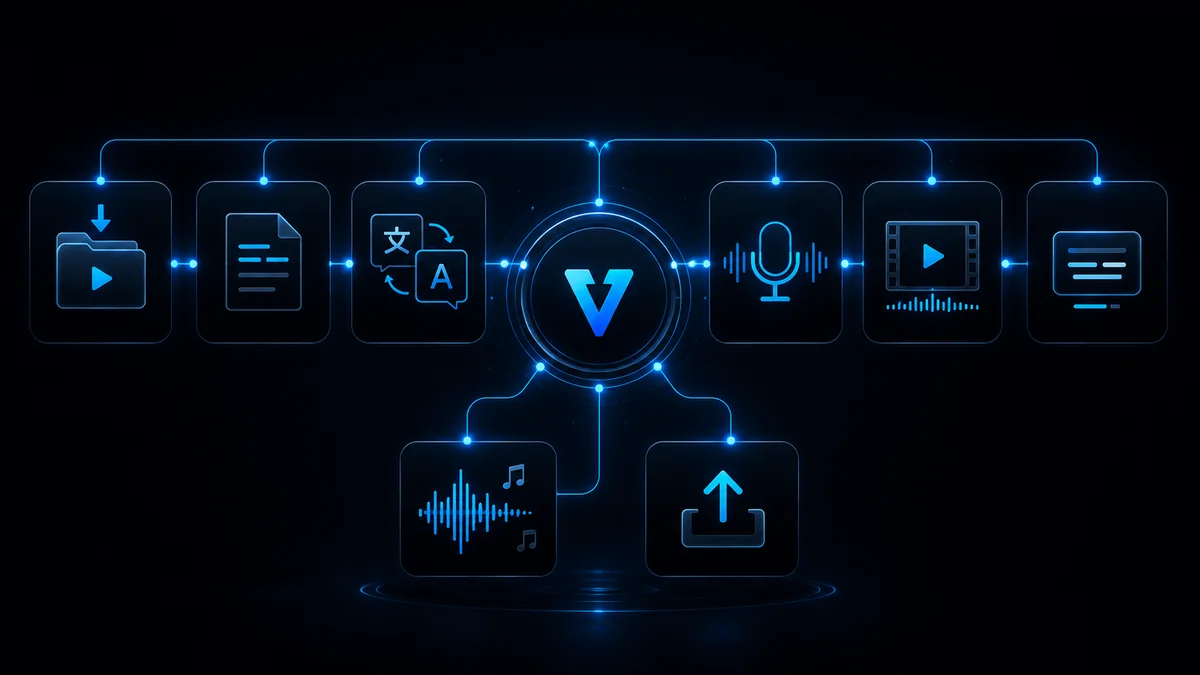VANIV Studio Workflow-Grafik mit verbundenen Symbolen für Import, Transkript, Übersetzung, Voice Cloning, Video, Untertitel, SFX und Export.
