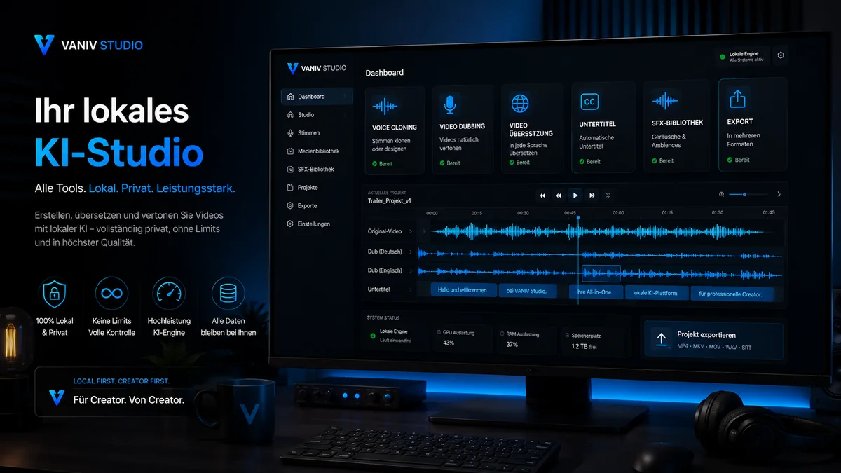 VANIV lokales KI Studio Dashboard für Voice Cloning Video Dubbing und Export.