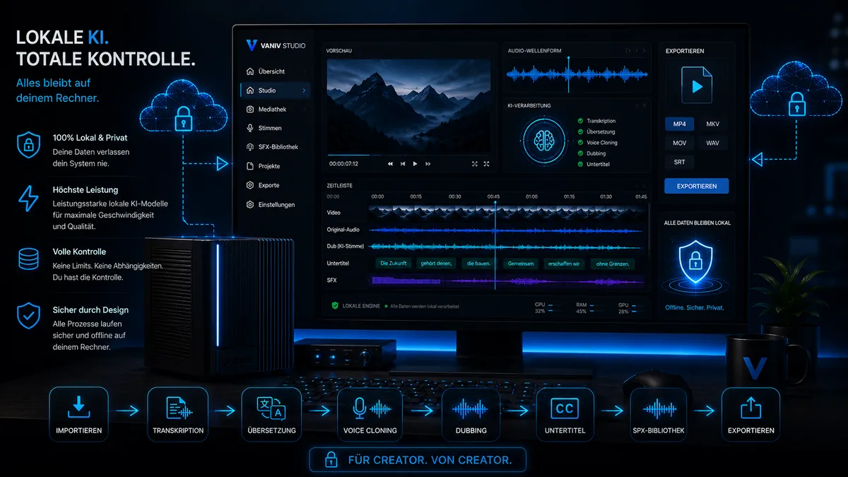 VANIV Studio zeigt einen lokalen KI-Workflow mit Desktop-Workstation, Voice Cloning, Dubbing, Untertiteln, SFX und Export unter voller lokaler Kontrolle.