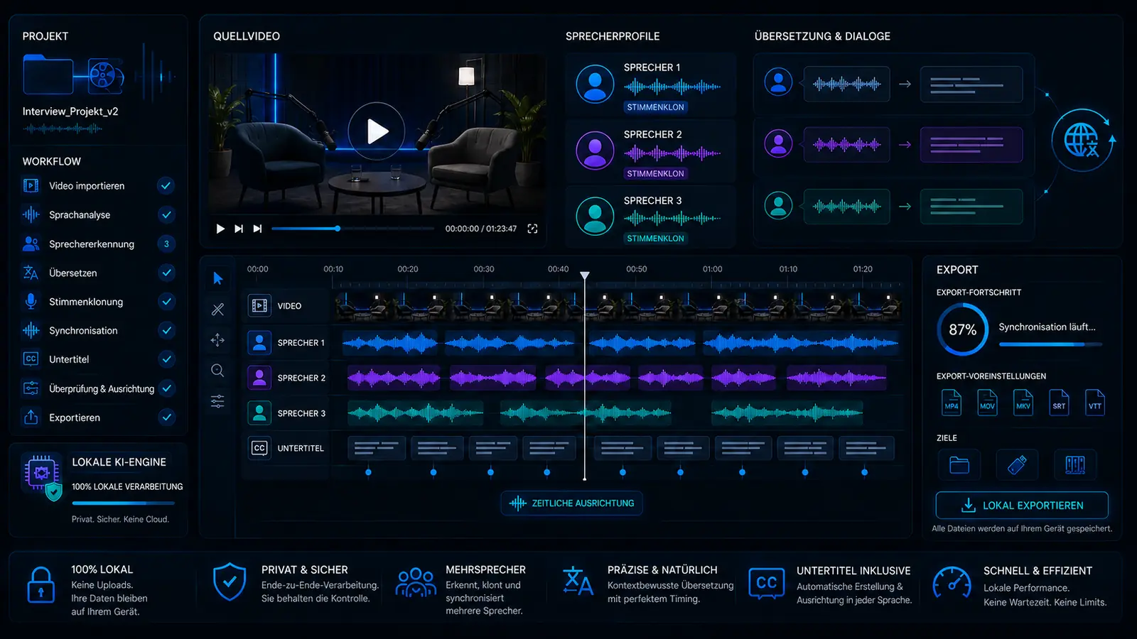 VANIV Studio Dashboard für Multi-Speaker-Dubbing mit Quellvideo, Sprecherprofilen, Dialogübersetzung, getrennten Sprecher-Timelines, Untertiteln und lokalem Export.