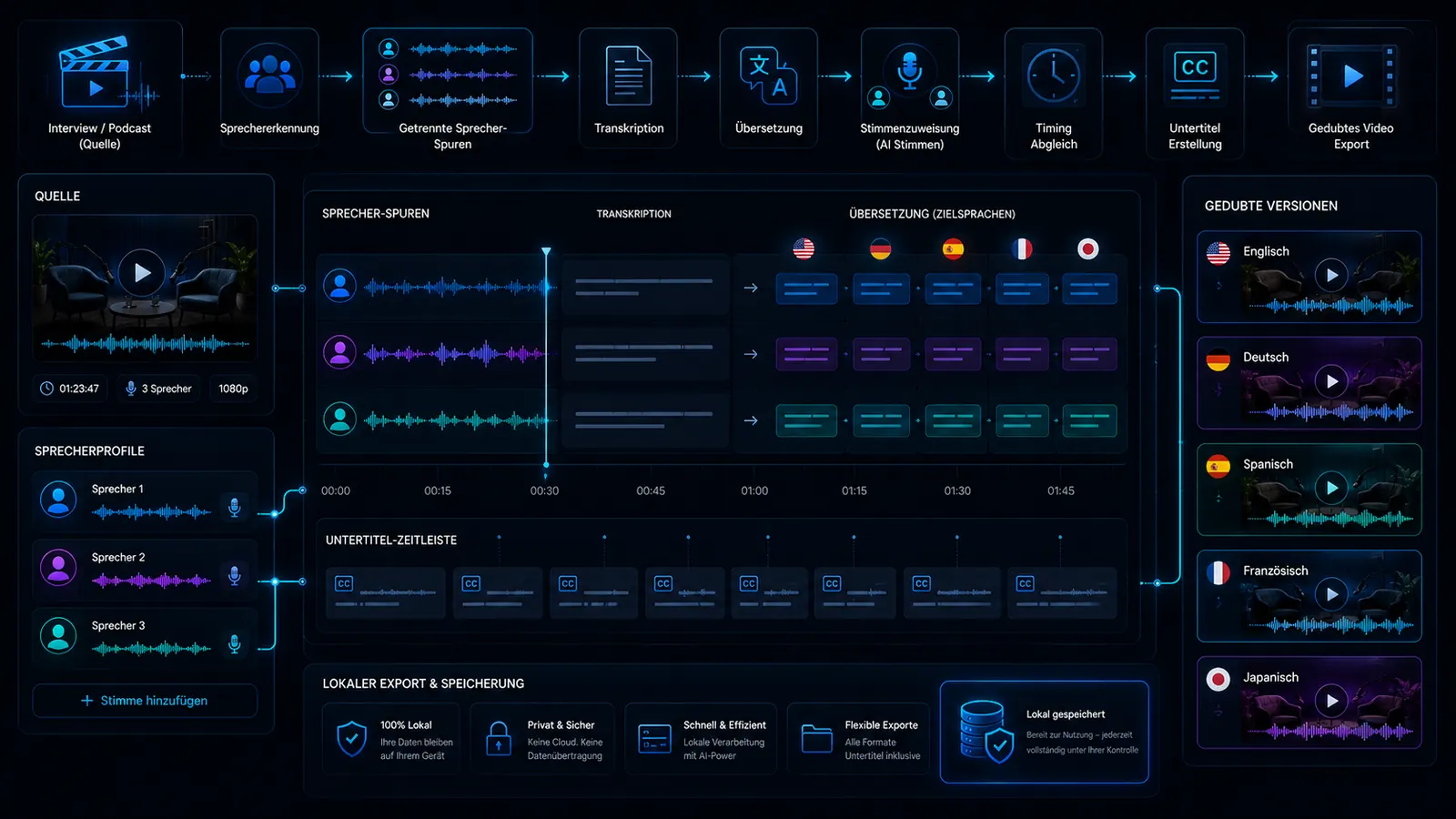 Lokaler Multi-Speaker-Dubbing-Workflow mit Sprecher-Spuren, Transkription, Übersetzung in mehrere Zielsprachen, Stimmzuweisung, Untertiteln und gedubten Versionen.