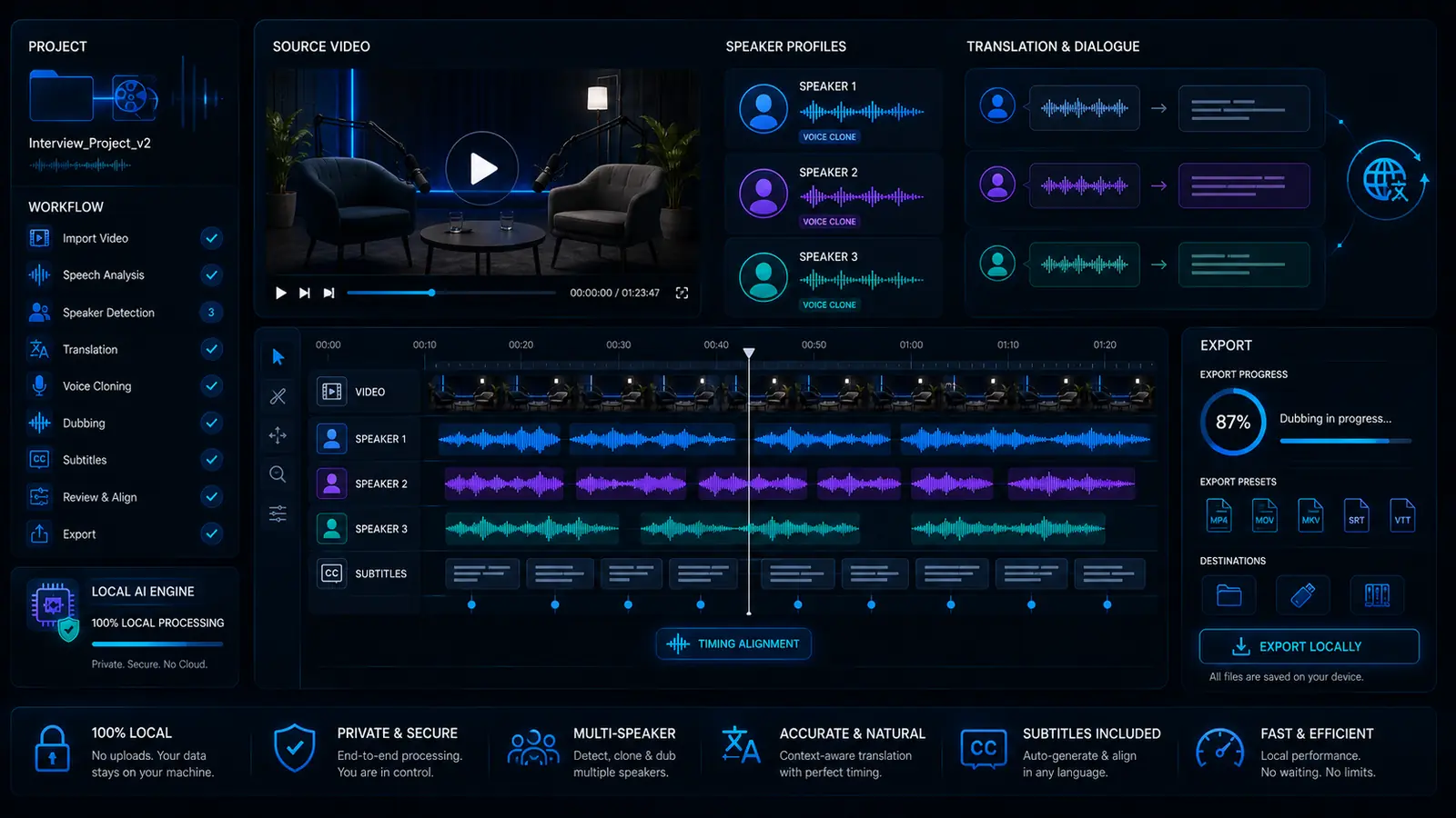 Dashboard local de doblaje multi-speaker con VANIV para revisar hablantes, voces y segmentos