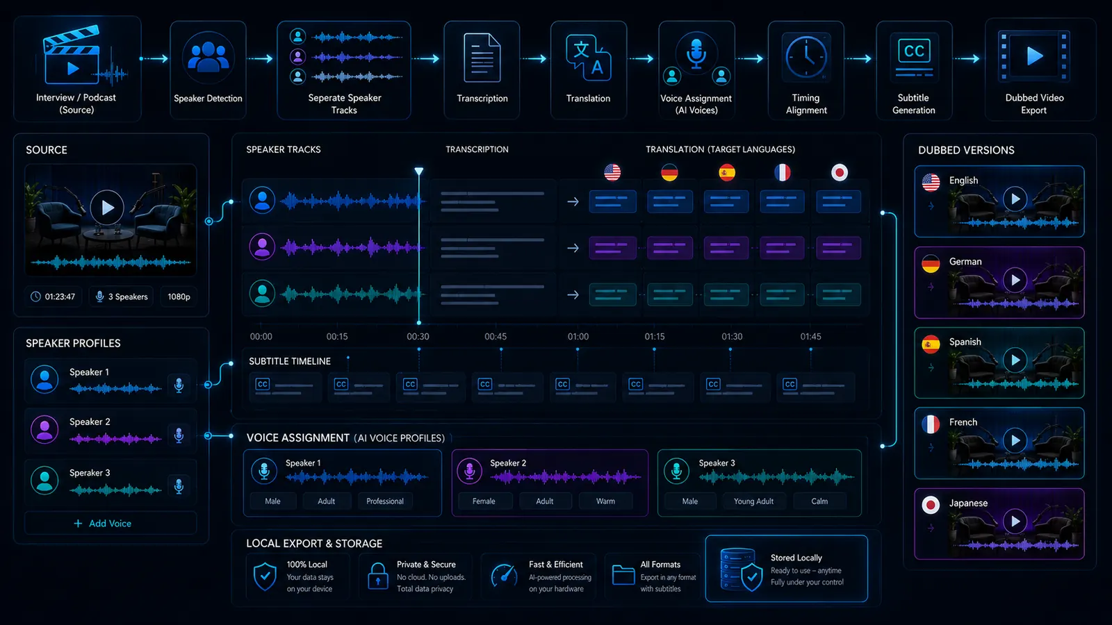 Local multi-speaker dubbing workflow with speaker tracks, transcription, translation into target languages, voice assignment, subtitles and dubbed versions.