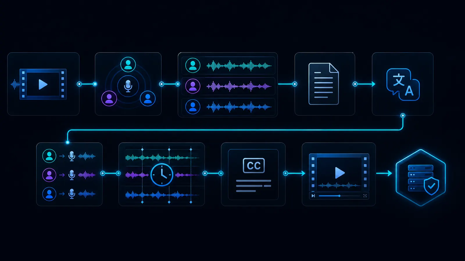 Sprachneutrale Workflow-Infografik für Multi-Speaker-Dubbing mit Videoquelle, Sprechererkennung, getrennten Stimmen, Transkript, Übersetzung, Timing, Untertiteln und Export.