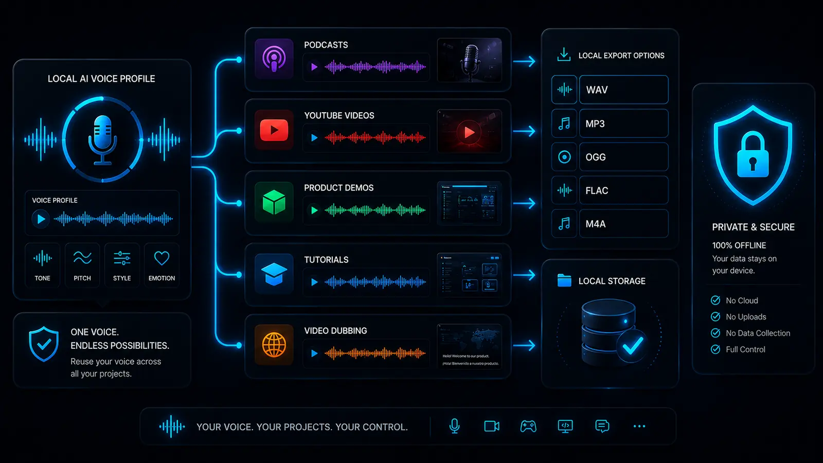 Local AI voice profile reused across podcasts, YouTube videos, product demos, tutorials and video dubbing with local export options and private storage.